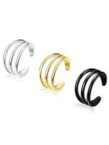 Bộ khuyên tai kẹp 3 lớp tối giản (3 chiếc) - Khuyên tai kẹp không cần xỏ lỗ màu bạc, vàng, đen dành cho nữ | Trang sức nổi bật - 3 chiếc (Đen/Vàng/Bạc) - Xem 1