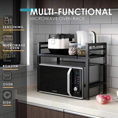 HUOMAQFAN Metal Microwave Oven Rack Extendable And Height Adjustable Carbon Steel Kitchen Shelf Organizer Countertop Storage Rack For Microwave And Kitchen Supplies