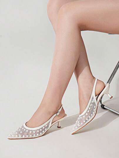 Women's Fashion Sexy Pearl Decor Pointed Toe Kitten Heel Shoes, Breathable Mesh Criss-Cross Strap Design Party High Heel Pumps, Suitable For Wedding, Summer Outdoor, Valentine's Day And New Year Holiday, Autumn/Winter, Wedding Season, Party Events