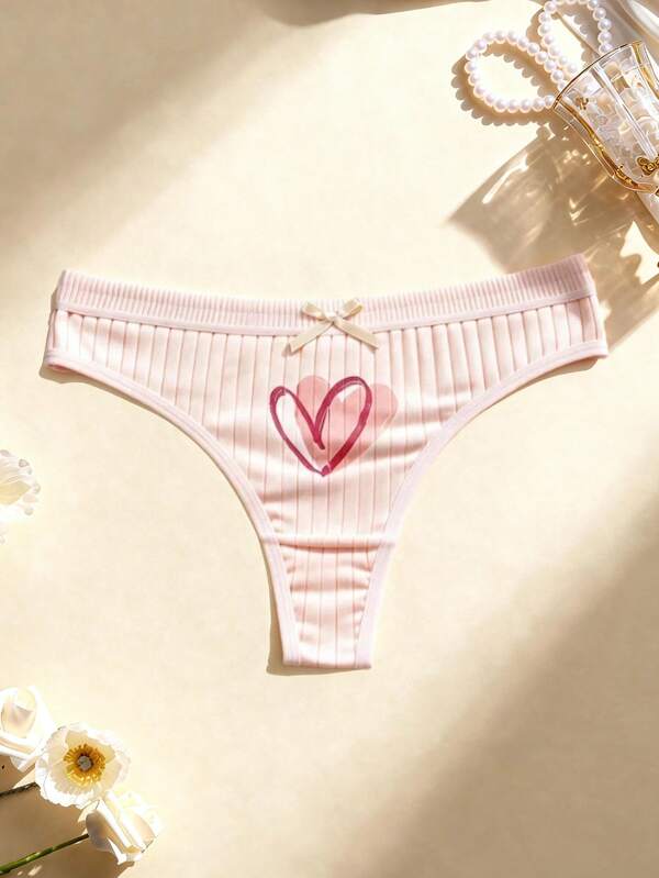1 pieza Tanga de mujer de algodón lindo y sexy, lencería cómoda y transpirable para mujeres, con estampados de corazón, ropa interior elegante de mujer con lazo, lencería sexy, ropa interior de mujer adecuada para citas, vida diaria, festivales, etc., bragas para mujeres que se pueden usar en todas las estaciones