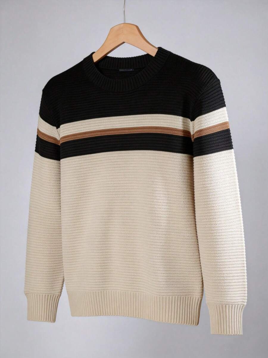 Men's Knitted Sweater, Round Neck, Long Sleeve, Premium Wool, Basic And Comfortable Winter Clothing - Preto com Bege - 查看 1