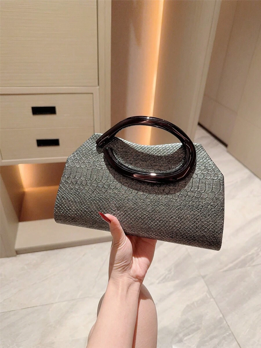 1个复古蛇皮纹手拿包，欧美时尚金属装饰迷你盒式派对手提包，闪亮金属饰边女士晚宴包，优雅奢华，适合正式场合、派对、婚礼、舞会、晚宴等。