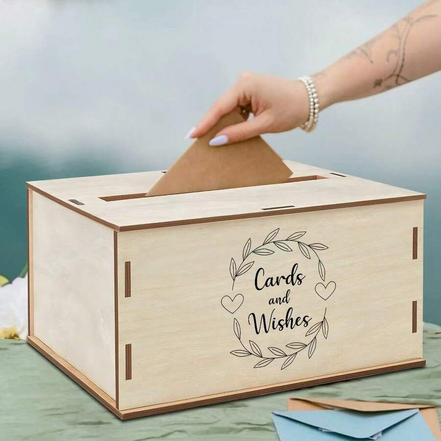 1pc Wooden Wedding Card Box With Romantic Elegant Pattern, Holds 100-125 Cards, Suitable For Wedding And Bridal Shower - Multicolor - View 1