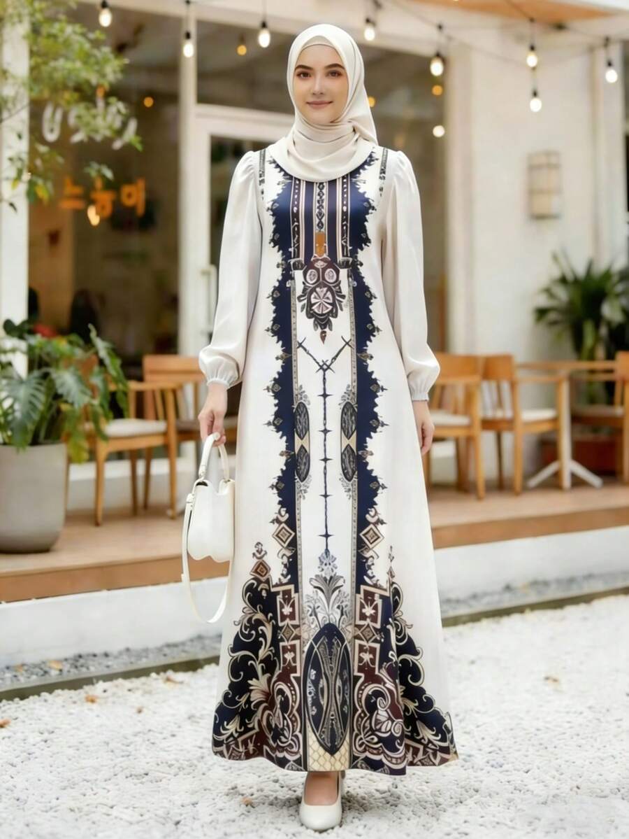 Gaun Wanita Gaya Arab Lengan Panjang Leher Bulat Elegan, Desain Rajutan Rumit Warna Putih untuk Musim Gugur - Putih - View 1
