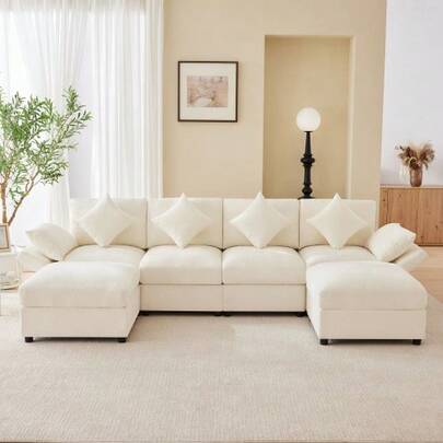 Modular U‑/L‑Förmiges Chenille‑Sofa Mit 2 Hockern, Umwandelbare Eckcouch Mit Verstellbaren Armlehnen, Cloud‑Sofa‑Design, Inkl. 4 Dekokissen And 2 Kopfstützen, Chenille‑Stoff, Beige