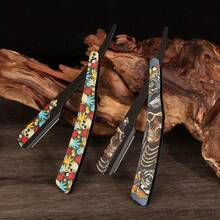1pc Professional Stainless Steel Straight Edge Razor - Manual Folding Razor With Floral, Skull And Abstract Patterns, Precision Blades For Men's Shaving And Haircuts, Durable Portable Classic Razor - Razor Holder - View 8