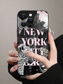 2D New York City Leopard Girl Disco Collage Pattern, Fashionable Creative Design, Waterproof Durable Anti-Dust Minimalist Matte Black Protective Phone Case With Camera Cutout, Compatible With IPhone 17/16/15/14/13/12/11/7/8/XR/XS/Plus/Pro/Pro Max And Galaxy S/A Series, Suitable As Gift For Friends, Family, Girlfriend, Boyfriend, Perfect For Holiday Gifts - Black - View 2