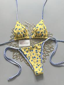 2pcs Retro Floral Colorblock Plaid Print Bikini Swimwear, Suitable For Beach, Pool, Cruise, Party In Spring And Summer Vacation - Yellow Background With Floral Pattern and Blue and White Checkered Pattern - View 2