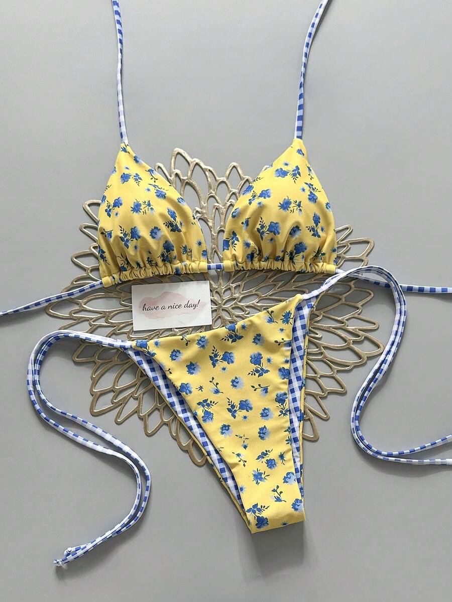 2pcs Retro Floral Colorblock Plaid Print Bikini Swimwear, Suitable For Beach, Pool, Cruise, Party In Spring And Summer Vacation