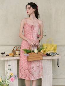 Vestido de tirantes finos de longitud media con estampado floral rosado elegante, adecuado para actividades de verano y salidas casuales - Rosa - Ver 6