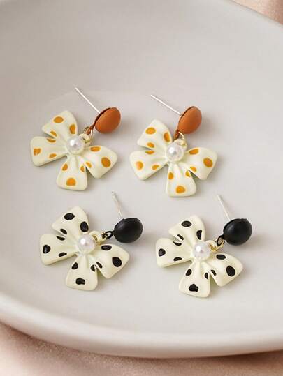 1 Đôi bông tai nơ chấm bi dễ thương kiểu cổ điển, bông tai đinh nơ chấm bi đen và bông tai nơ chấm bi cam dáng dài, phong cách ngọt ngào dành cho tuổi teen.