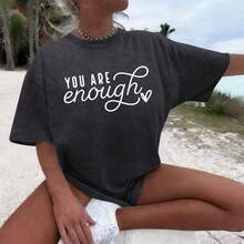Oversized You Are Enough Shirt For Women Dear Person Behind Me Tshirts Inspirational Positive Acid Wash Graphic Tees - Black - View 4