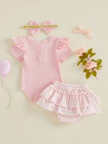 Newborn Baby Girl Summer Clothes Infant Baby Girls Summer Outfit Ribbed Knit Short Sleeve Romper Elastic Waist Plaid Shorts Ruffled Skirts Headband Set - 粉色 - 查看 6