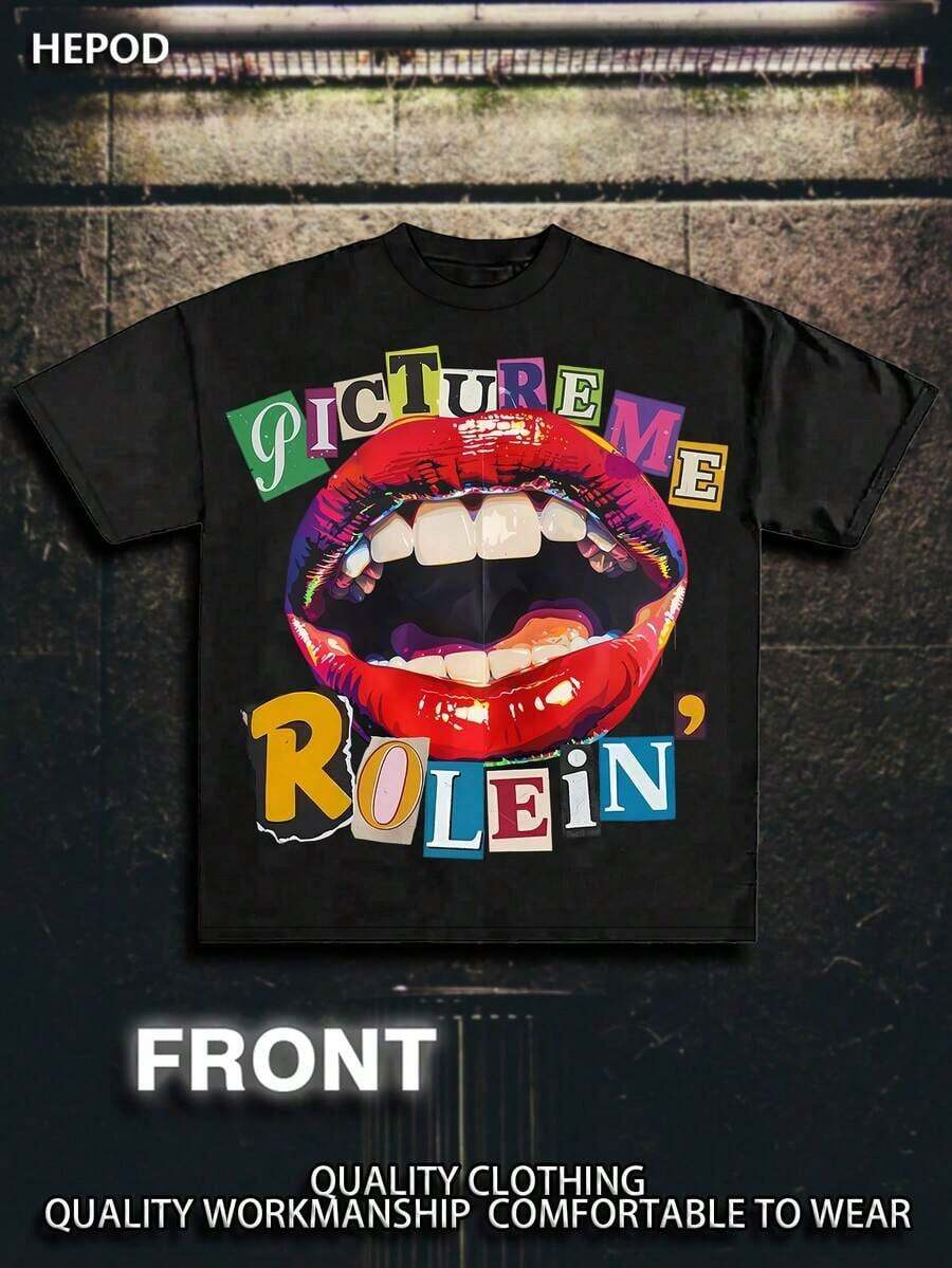 PICTURE ME ROLEIN, Street Wear, Y2K, (Cotton Streetwear T-Shirt) Men's Graphic Tees, Round Neck, Loose Fit, Fall & Holiday Travel, Unisex, Goth & Y2K - 黑色 - 查看 1