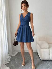 Vestido elegante de cuello en V, cintura ajustada y sin mangas, para verano - Azul lavado oscuro - Ver 5