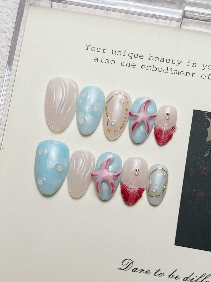 10片手工杏仁形美甲贴纸,法式美甲风格,粉蓝色短尖头,3D雕刻海星设计,点缀小珍珠,优雅奢华的欧美春季风,Y2K朋克哥特风,适合DIY美甲、派对、日常佩戴、海滩度假,可重复使用,是送给女性和女孩的绝佳礼物。 - 彩色 - 查看 1