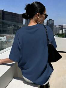 Damen Mode Lässig Baumwolle Oversized Langform Rundhals Kurzarm T-Shirt, Perfektes Regular Fit Oberteil für Herbstmode, Outdoor, Y2K, Streetwear - Denimblau - Übersicht 4