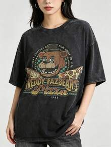 Vintage Washed Five Ni Ghts At Fre Ddy's T-Shirt | Retro Graphic Tee | 100% Cotton Oversized Streetwear - 黑色 - 查看 2
