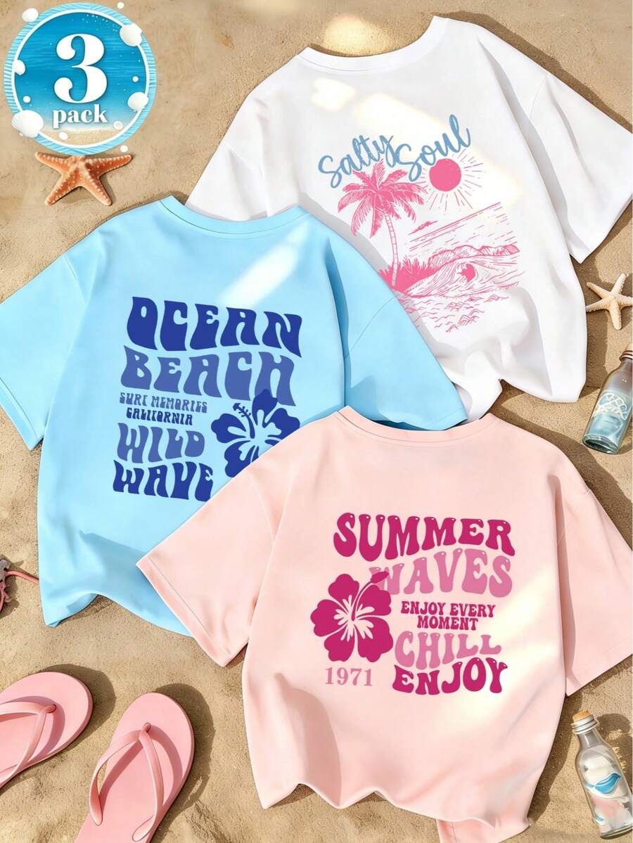3pcs/Set Retro Beach Print Loose Casual Vacation Style Short Sleeve Top. Women's New Minimalist Cute Pattern Relaxed Vacation Style Loose Round Neck Short Sleeve T-Shirt, Fashionable Everyday Wear, Suitable For Daily Vacation - Multicolor - View 1