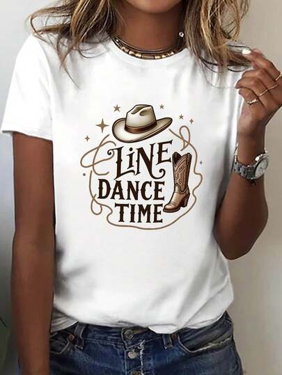 Summer Tops Line Dance Time Text Print Women's Round Neck Short Sleeve T-Shirt | Cowboy Hat And Boots Motif, Casual Style, Medium Stretch Fabric, Spring-Summer Cotton T-Shirt, Women's Tops, Summer Tops