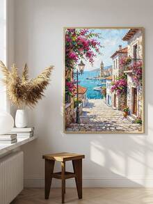 1幅地中海小巷油画，花卉海景墙画，意大利波西塔诺水彩画，阿马尔菲海岸墙画，意大利夏日风景，海滨村庄装饰，海滩日落旅行海报，节日礼物，送给朋友的理想礼物，卧室艺术画，客厅装饰，办公室装饰，厨房装饰，浴室装饰，墙画，墙面装饰，家居装饰，房间装饰，帆布墙画，海报，带框墙画，可选画框 - A - 查看 3