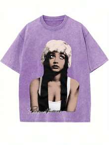 Black Vintage Washed Cotton Tee For Women 18-50 Pinkpantheress Signature Graphic Print Indie Pop Streetwear Loose Fit Top - 淡紫色 - 查看 1