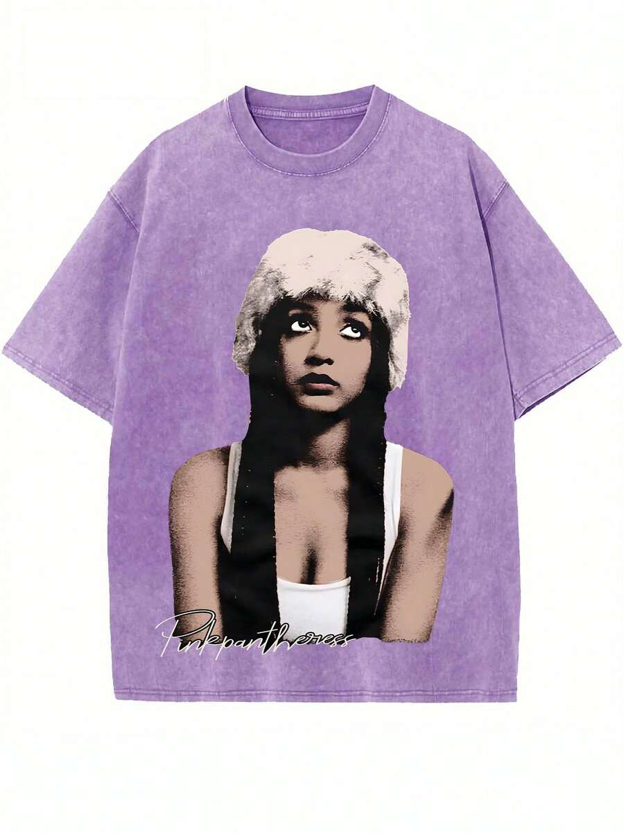 Black Vintage Washed Cotton Tee For Women 18-50 Pinkpantheress Signature Graphic Print Indie Pop Streetwear Loose Fit Top - 淡紫色 - 查看 1