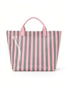 1pc Women's Striped Transparent Tote Bag, Large Capacity Glossy PVC Shoulder Bag, Lightweight Waterproof Beach Bag, Summer Travel Shopping Tote, Casual Fashion Tote Bag, Suitable Daily Commute And Travel, Beach Bags - 橙色和粉紅色條紋 - 查看 11