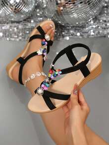 Handmade Colorful BeadedFlower Wedge Sandals - Black VelvetBoho Slides With Sparkling Crystals,Comfortable Low Heel For Summer - Black - View 1