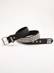 1pc Unisex Solid Color Punk Rock Rivet Sequin Crystal Decor Belt, Suitable For Teenagers, Casual, Outdoor, Sports, Vacation, Travel, Graduation Ceremony, Birthday, Daily Wear AOTJ - 銀色 - 查看 2