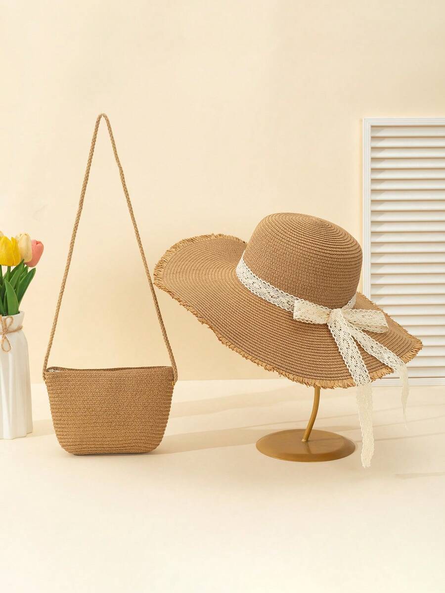 2件/1件装女士时尚百搭卡其色棒球帽和草编斜挎包套装，日常及海滩防晒 - 彩色 - 查看 1