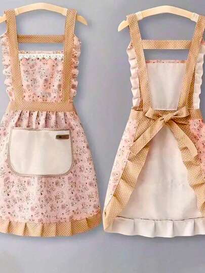 1 pieza o 4 piezas Delantal con tirantes florales, a prueba de aceite, impermeable, con bolsillo, estilo princesa ajustable, adecuado para mujeres, amas de casa, cocina, hornear, cafetería, regalo ideal para Navidad, inauguración de la casa, Día de la Madre, cumpleaños en la cocina