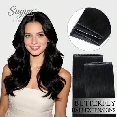  SUYYA 2PCS 18 Inches Màu #1 Đen tuyền Kiểu Tóc Dệt Bướm Tóc Thật Không Keo OVO Lỗ PU Tự Làm Nối Tóc Đôi Thẳng