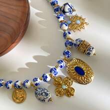New Vintage Palace Style Multi-Pendant Stainless Steel Necklace, Fashionable Luxury Elegant Pendant Design For Party, Holiday, Daily Wear - 陶瓷款多吊墜 - 查看 3