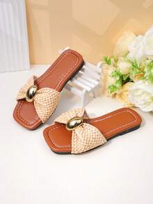 1 Pair Girls' Woven Slide Sandals, Breathable Non-Slip Casual Children Shoes - Brown - View 6
