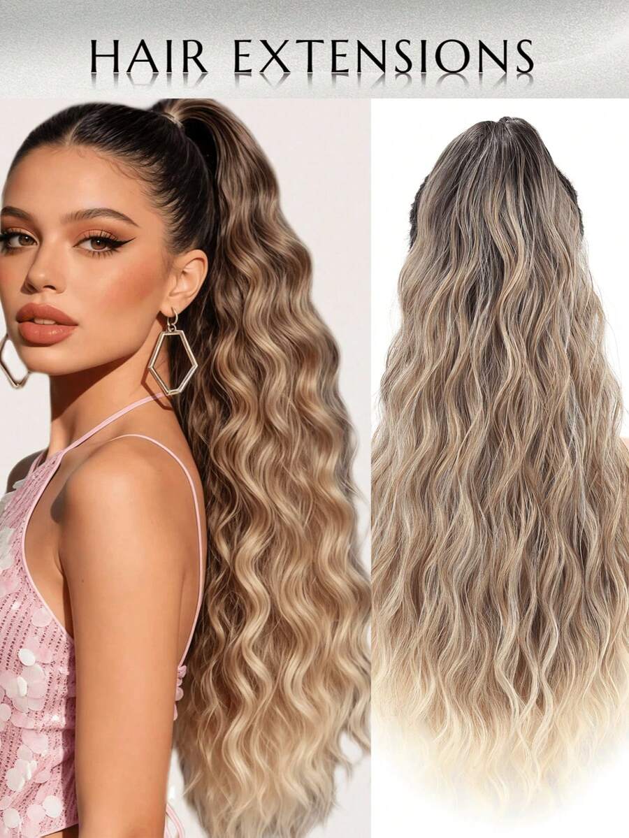 Tóc nối đuôi ngựa xoăn gợn sóng tự nhiên dài 24 inch, mềm mại và tự nhiên, sợi tổng hợp chịu nhiệt, phù hợp cho phụ nữ sử dụng hàng ngày. - Màu nâu highlight - Xem 1