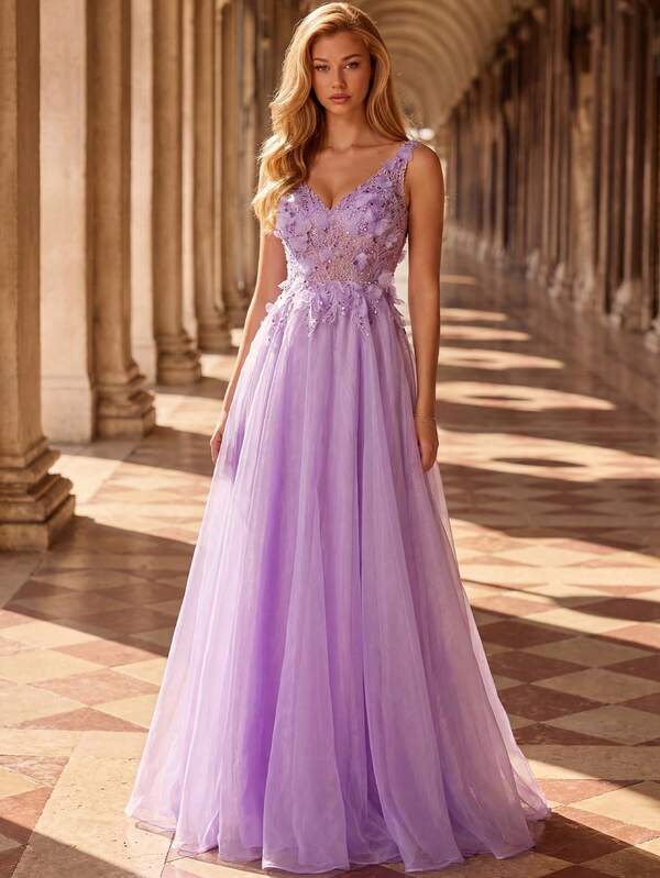 Elegante vestido largo con cuello en V para mujer, con aplicaciones florales románticas de color lila púrpura, para fiestas, eventos formales y bodas de primavera