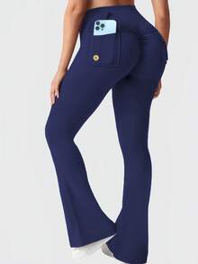 Women's Outdoor Pocket Bell Bottom Pants, Women's Tight Sports Yoga Pants, Casual Multi-Functional Solid Color Slim Fitting Work Pants, Hip Lifting Pants, Women's Classic Casual Sports Spring And Summer Styles - 藍色 - 查看 3