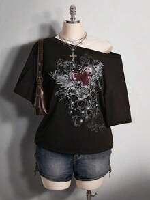 Colección verano 2026. Camiseta holgada mujer talla grande, estampado calavera y rosa gótico punk, estilo retro vanguardista. Tallas 3–7XL, apta otoño-invierno. Envío gratis 24h. - Negro 1 - Ver 8