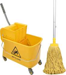 Mop Bucket With Wringer, 22 Qt (5.5 Gallon), Floor Cleaning, Handle, Wheels, 16.5" L X 10.6" W X 26.4" H, Yellow,Plus One Cotton Mop - 35 - 查看 7