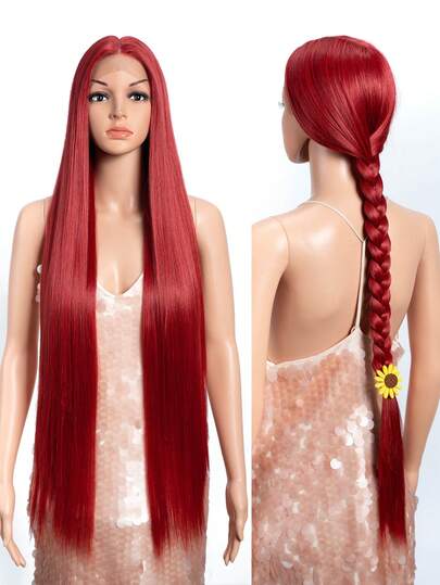 13 * 6 * 1 Synthetic Lace Front Wig 38 Inches Long Straight Red Lace Wig Cute Thermal Lace Front Wig For Women, Suitable For Daily Parties
