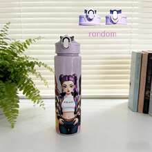 1pc Korean Girl Group Cartoon Pattern Water Bottle, Outdoor Sports Water Cup With Straw, Portable With Wrist Strap - Multicolor - View 4