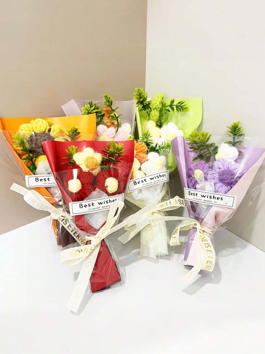 3支迷你仿真花，附赠礼品袋，手工钩编迷你花束，纸质包装，适合母亲节、教师节、母亲节、朋友节、婚礼、派对、家居装饰、餐桌摆设、生日礼物、母亲节礼物等场合。