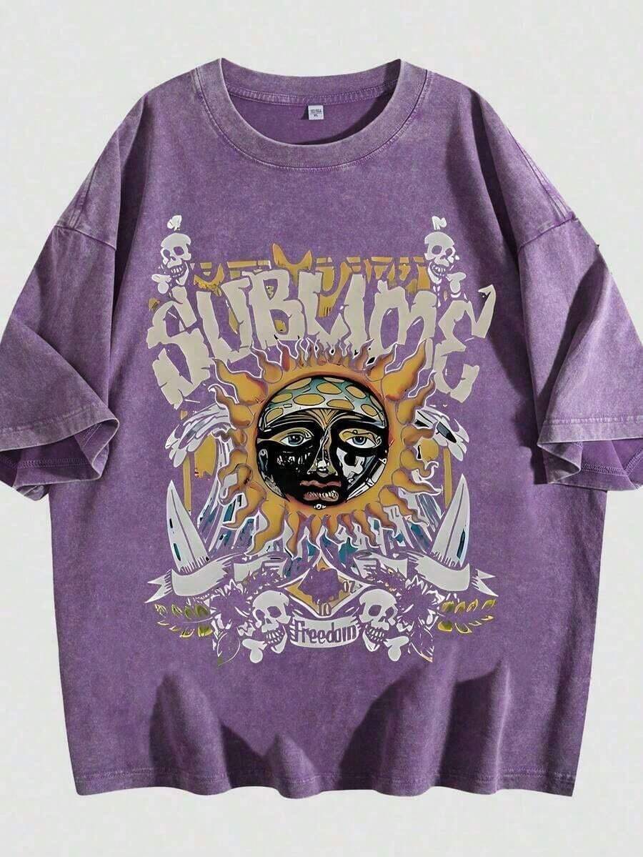 Unisex Sublime Band Sun Face Skull Print Graphic T-Shirt, Vintage Washed 100% Cotton Oversized Crew Neck Short Sleeve Tee, Retro 90s Rock Band Loo - 紫色02 - 查看 1