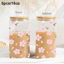1个/5个装 16盎司樱花玻璃杯，带木盖和吸管，透明樱花冰咖啡杯，日常使用的天然水瓶 - 多色-櫻花 - 查看 9