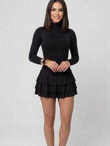 Women's Short Dress With Long Sleeves, Open Back, Ruffled Hem, Elegant, Layered, For Parties, Beach, Vacations, Stage And Concerts. - Black - View 2