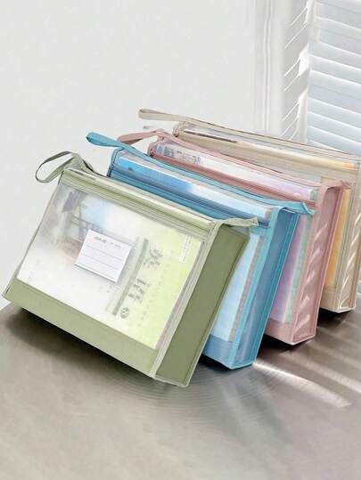 1pc A4 Size Transparent Grid Zipper File Bag, Large Capacity Double-Layer File Folder, Suitable For Elementary, Middle And High School Students To Store Files And Stationery, Can Hold Textbooks, Notebooks, Upgraded Craftsmanship, Random Zipper Style, Slightly Different Stitching Colors But Consistent Quality, Won't Affect Usage