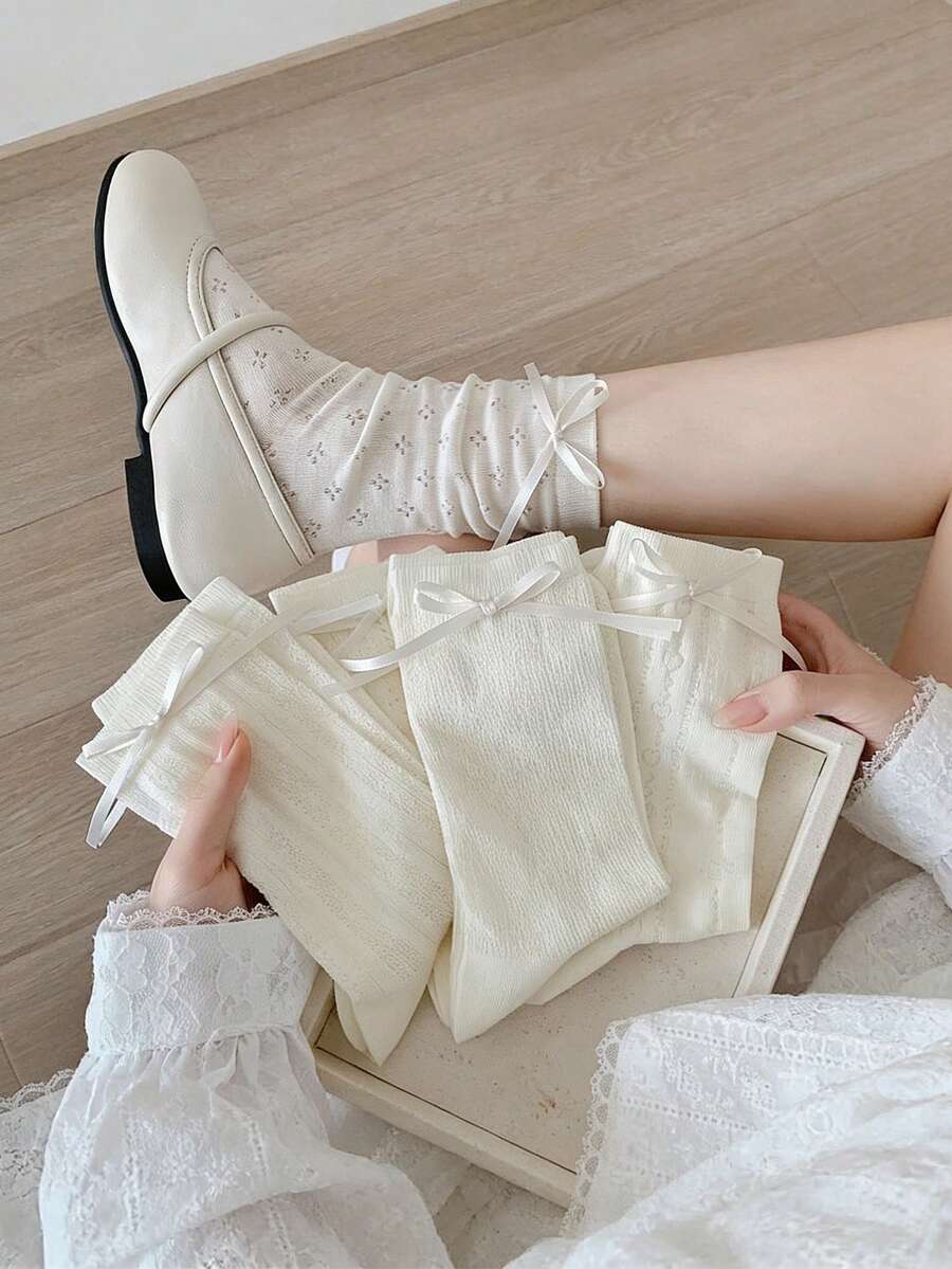 1/2/4雙 Y2K甜美風女款蝴蝶結中筒襪-透視花卉針織中筒襪,甜美蘿莉塔時尚襪,適合青少年女孩與女性 - 白色 - 查看 1