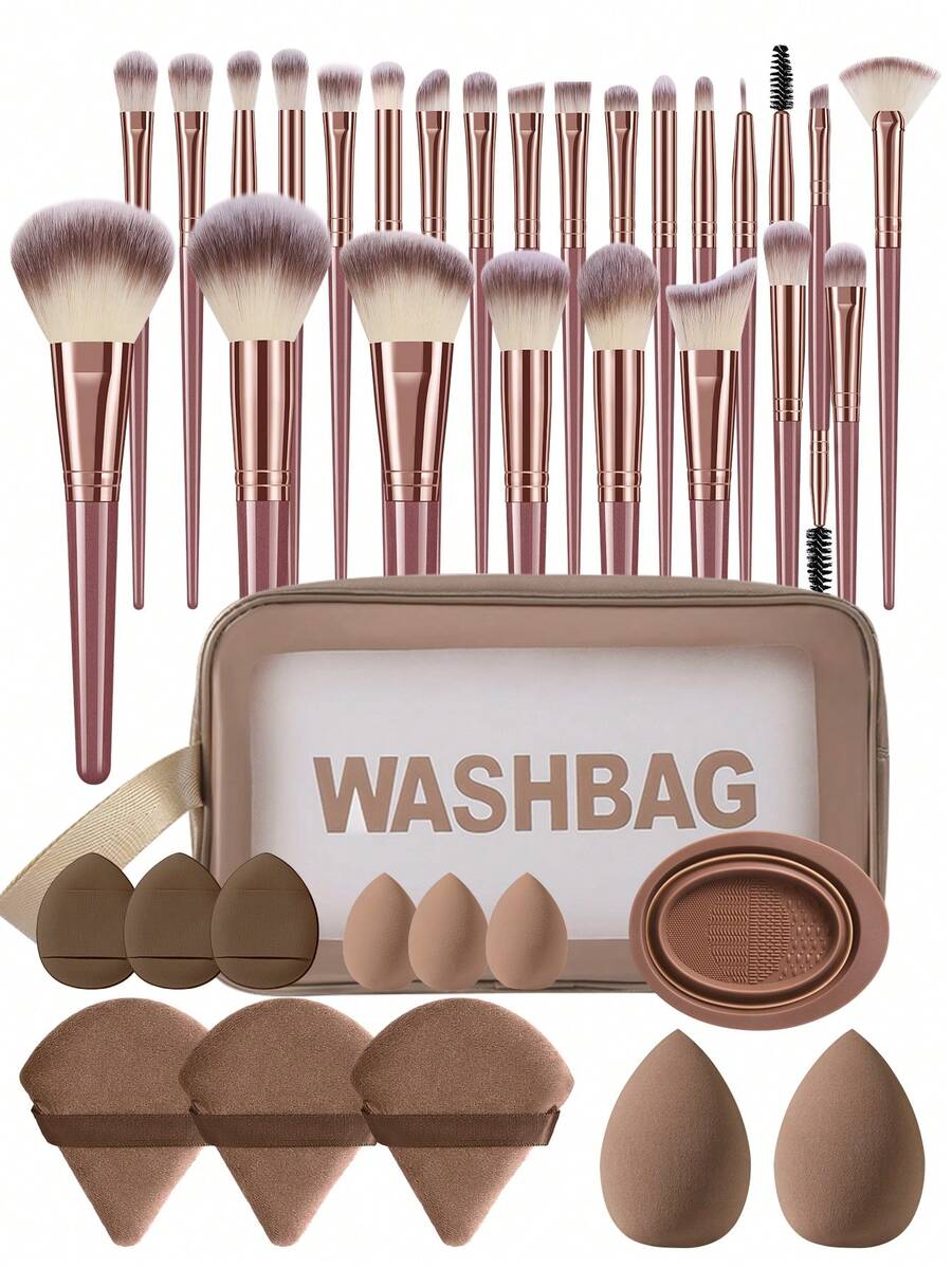38件套化妆工具套装，包含：25支化妆刷套装+1个多功能防水拉链化妆包+3个迷你气垫粉扑+3个迷你化妆海绵+1个化妆刷清洁工具+2个化妆海绵+3个三角粉扑，一应俱全，新手友好 | 方便旅行携带，送礼佳品 | 新手/女性的完美之选 - 彩色 - 查看 1