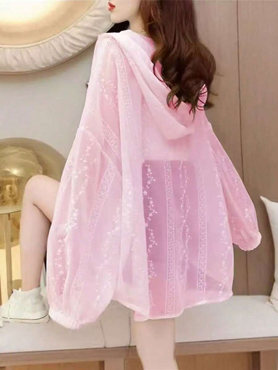 1件女款梅花刺繡連帽長袖襯衫,夏季薄款寬鬆外套,戶外防曬衣,粉紅色 - 粉色 - 查看 1